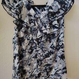 Sioni Black & White Ruffled Tie-Dye Blouse